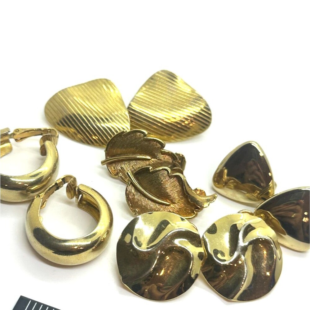 Vintage Gold Tone Earring Lot Leaf Hoops Triangle Clip Ons